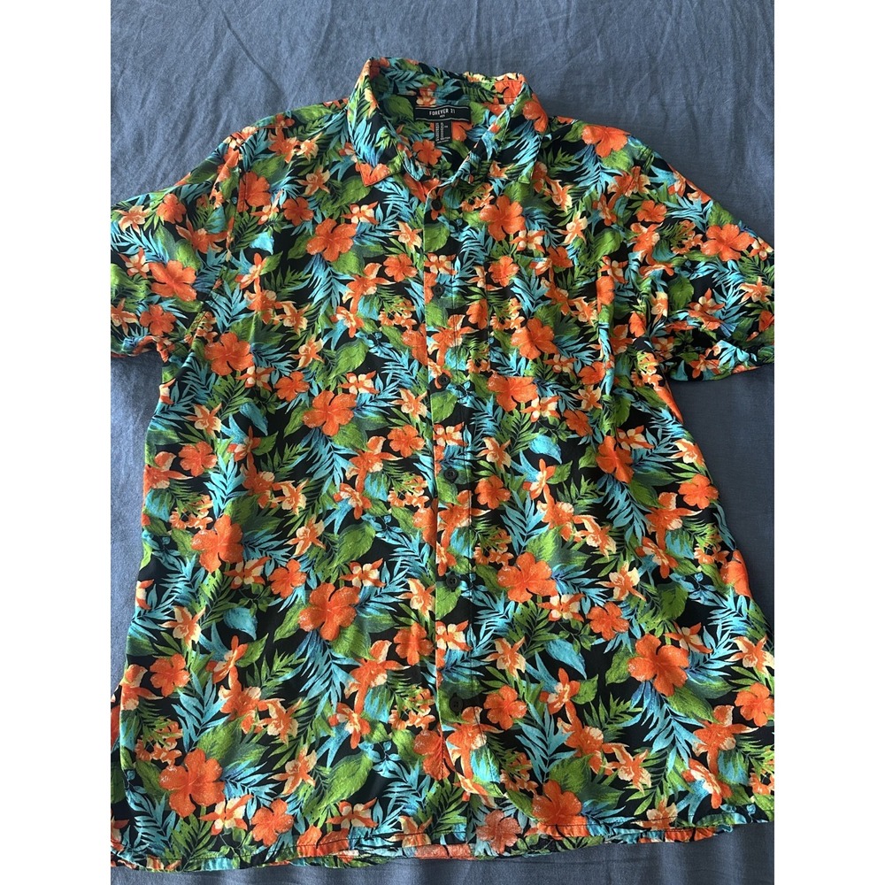 Forever 21 Men's Floral Hawaiian Short Sleeve Button Up Shirt XL Black Orange